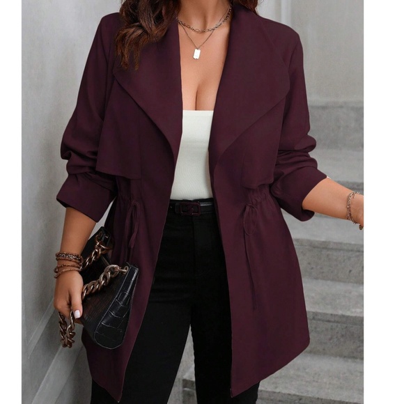 Plus Burgundy Wide Collar Drawstring Lightweight Jacket Coat - Picture 1 of 7